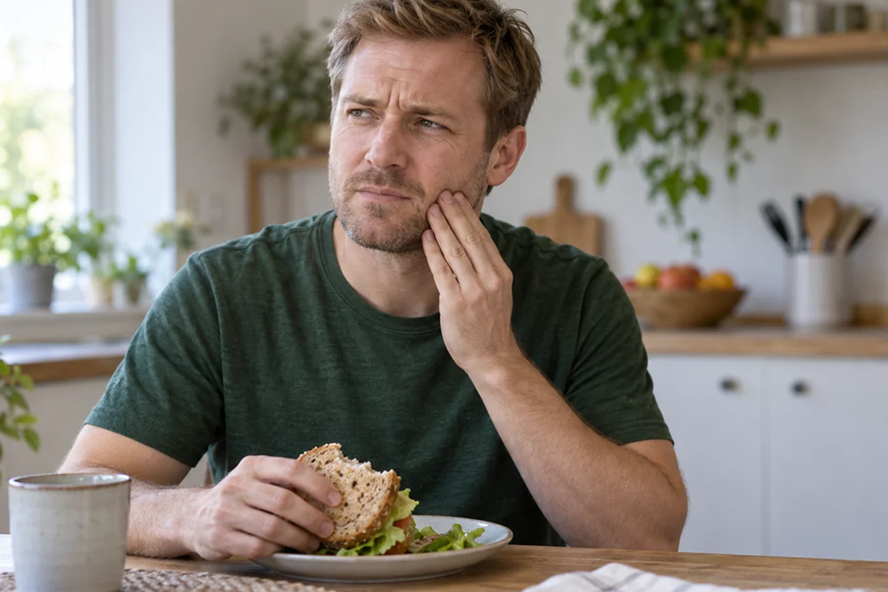 Man touches his jaw with a concerned expression while a sandwich rests on a plate in front of him.