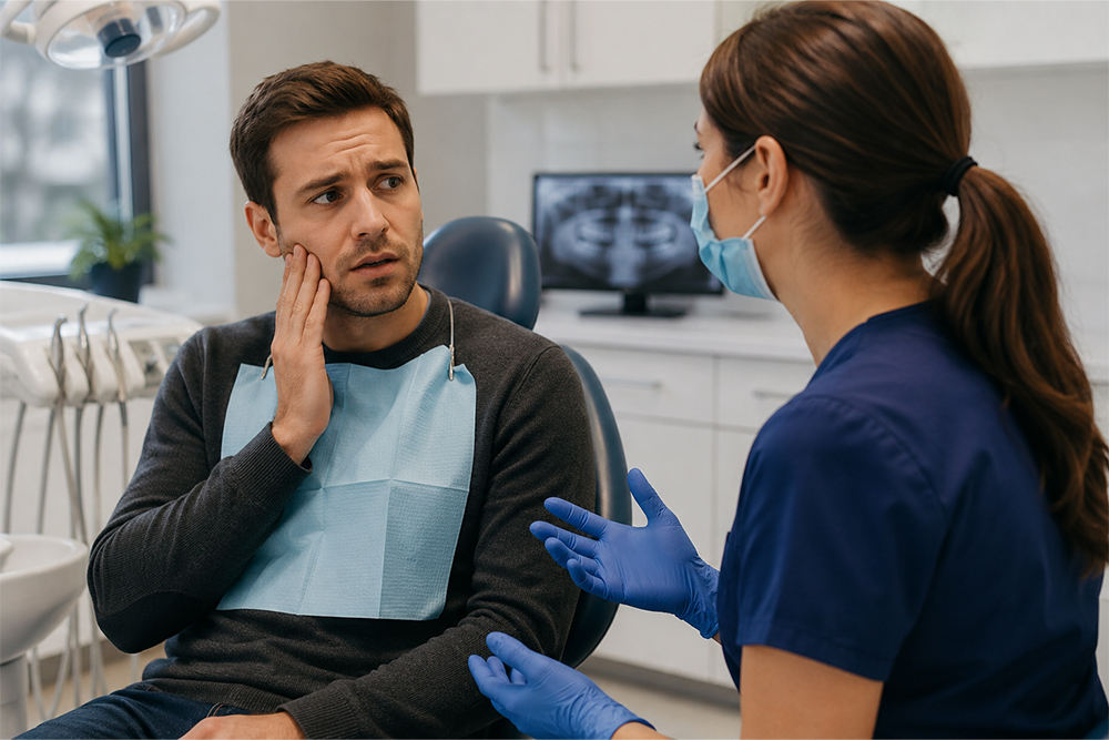 Patient speaking with an emergency dentist during a dental appointment in High Park
