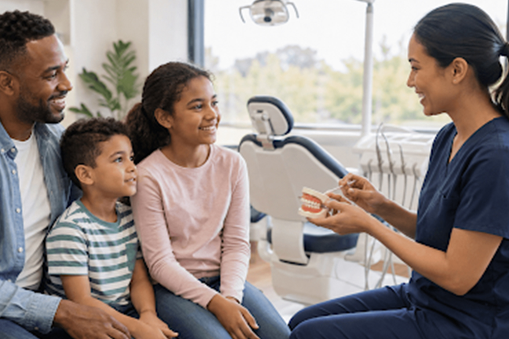 Family discussing dental care options with a family dentist near High Park and Bloor West Village.