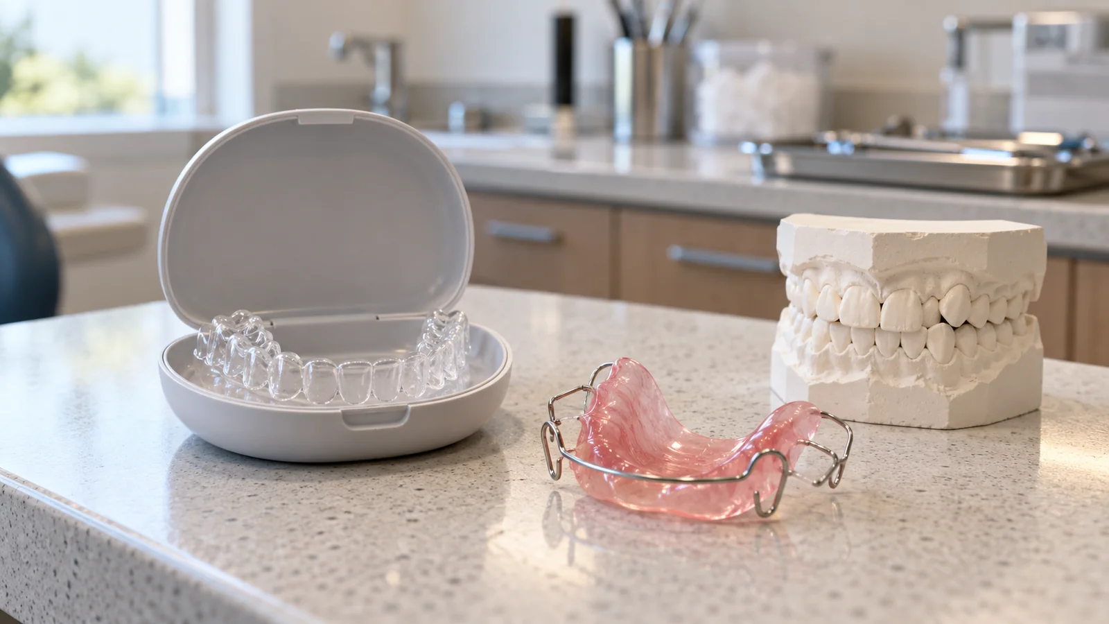Clear orthodontic retainer shown with teeth that have shifted after previous braces treatment.
